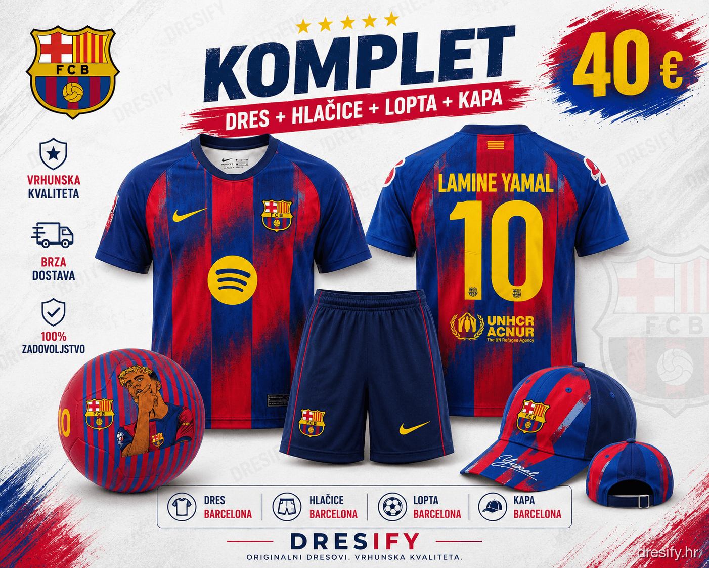 FC Barcelona Yamal nr10 — komplet (dres + hlačice + lopta + kapa) Barcelona Yamal komplet — dres, hlačice, lopta i kapa