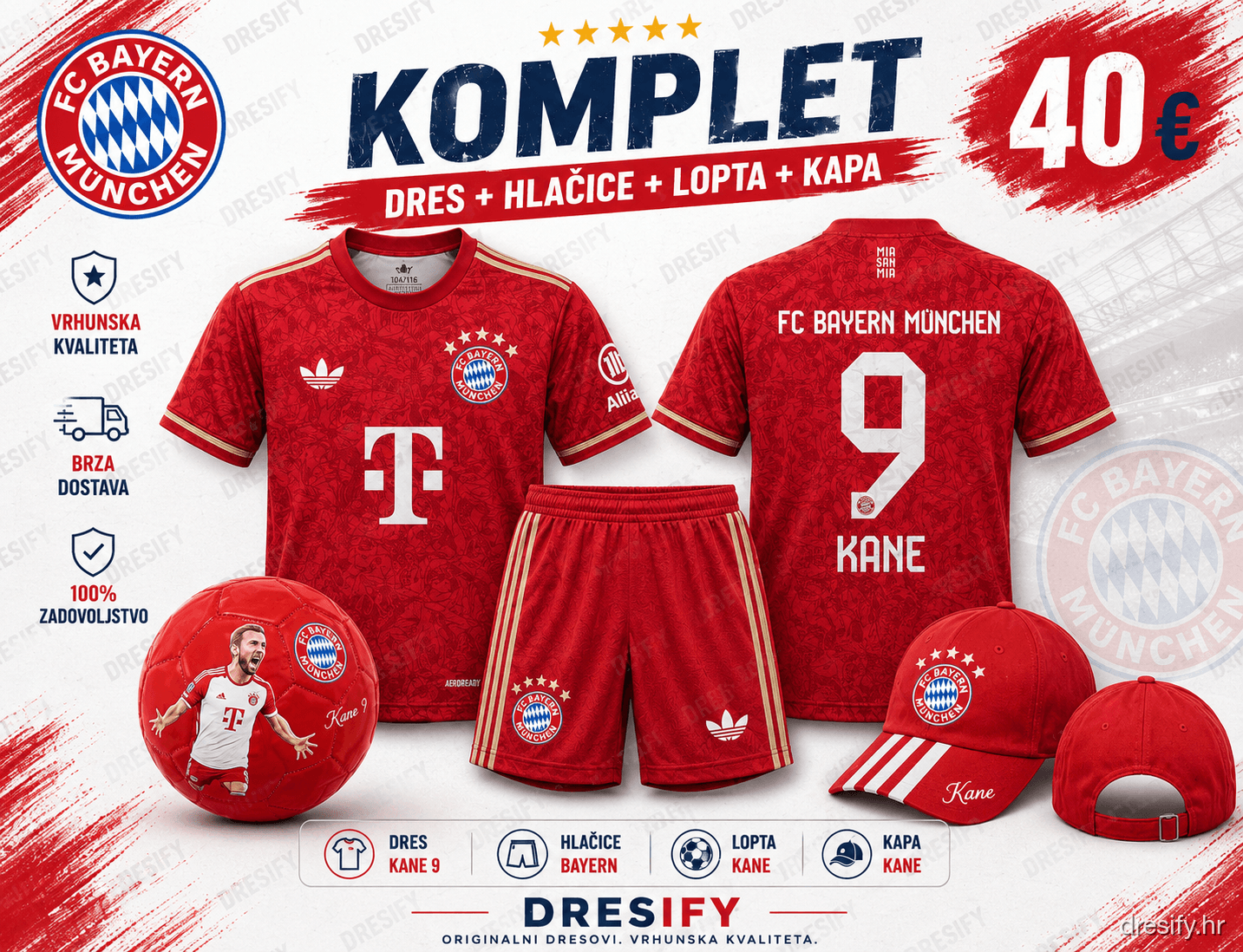 Bayern München Kane nr9 — komplet (dres + hlačice + lopta + kapa) Bayern Kane komplet — dres, hlačice, lopta i kapa