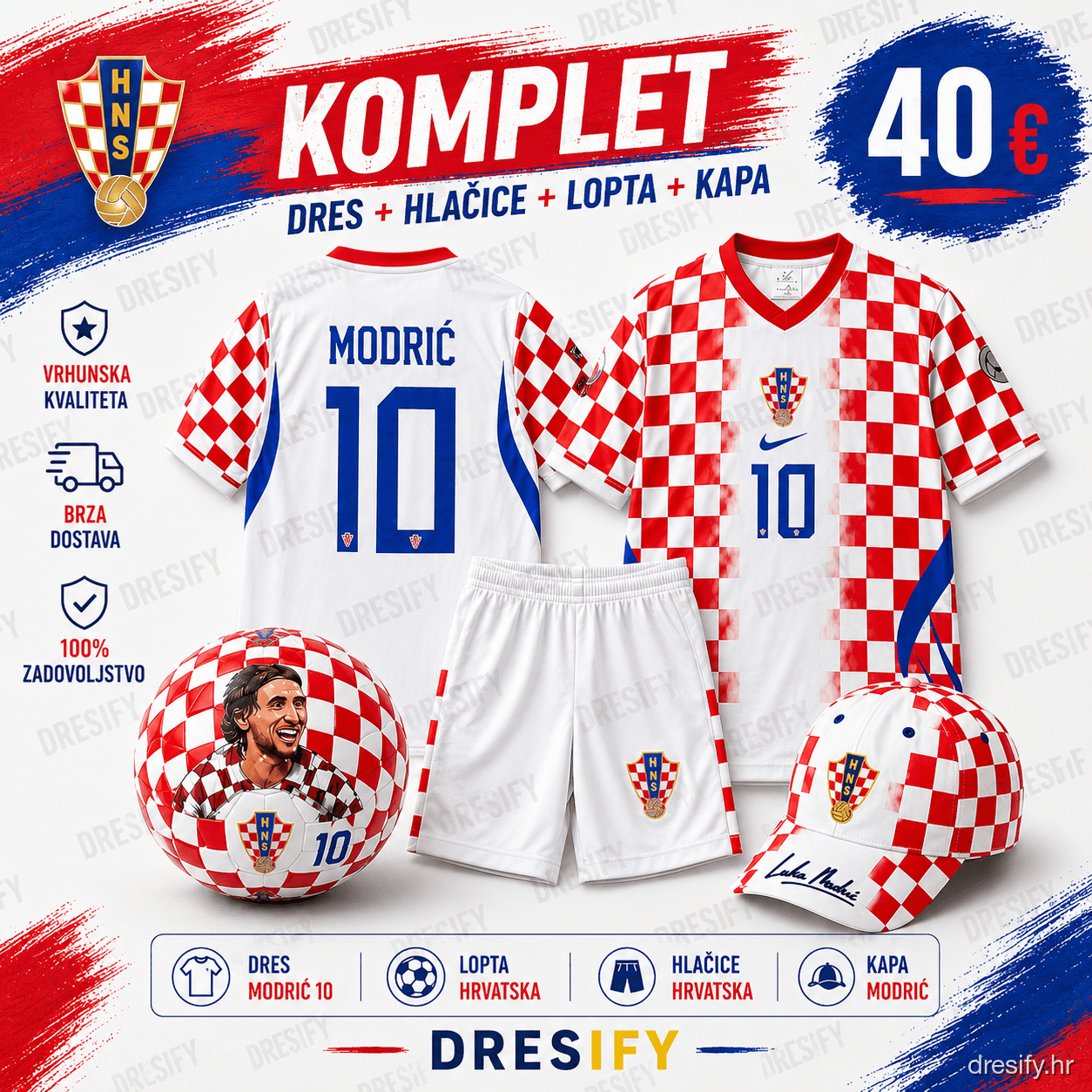 Hrvatska Modrić nr10 — komplet (dres + hlačice + lopta + kapa) Hrvatska Modrić komplet — dres, hlačice, lopta i kapa