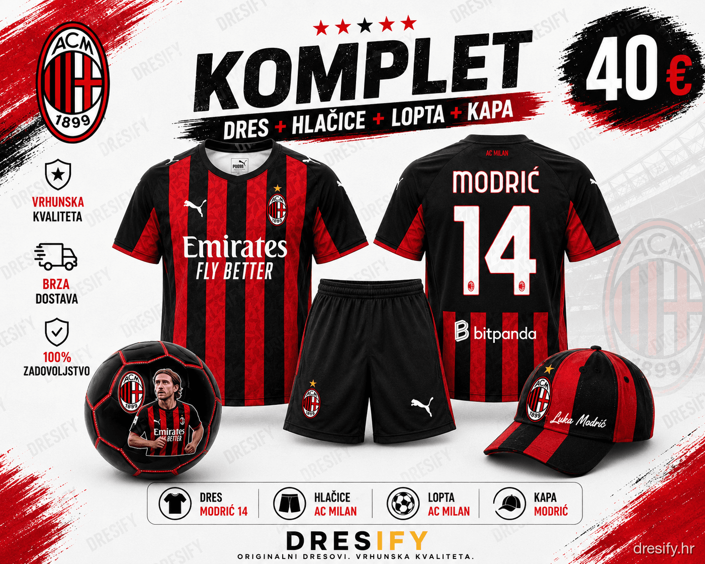 AC Milan Modrić nr14 — komplet (dres + hlačice + lopta + kapa) AC Milan Modrić komplet — dres, hlačice, lopta i kapa