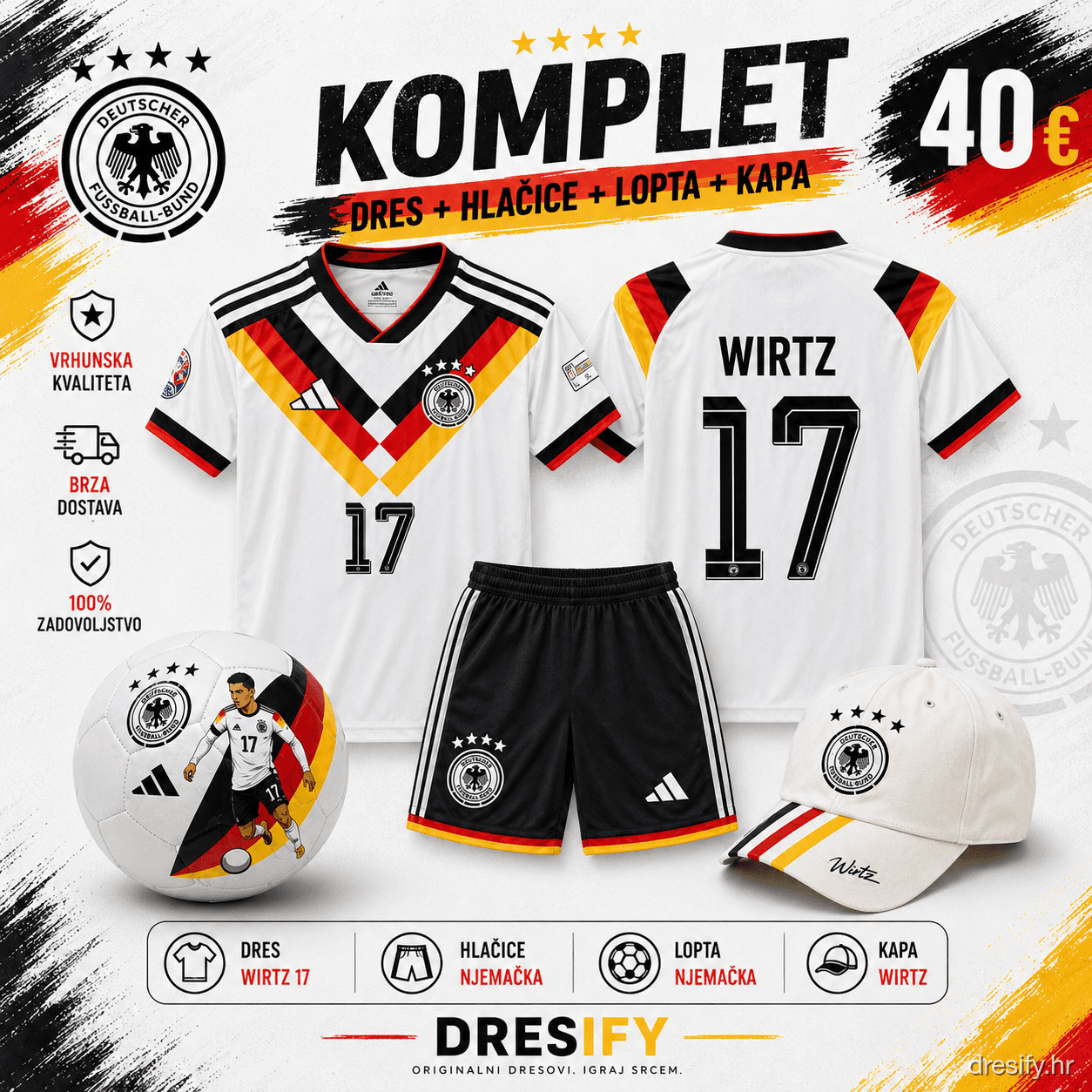 Njemačka Wirtz nr17 — komplet (dres + hlačice + lopta + kapa) Njemačka Wirtz komplet — dres, hlačice, lopta i kapa