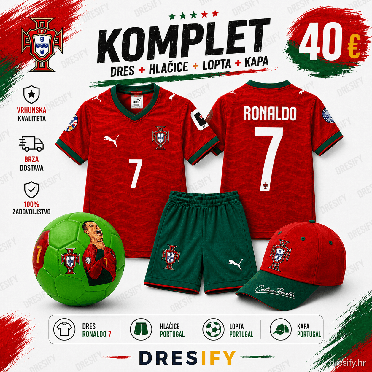 Portugal Ronaldo nr7 — komplet (dres + hlačice + lopta + kapa) Portugal Ronaldo komplet — dres, hlačice, lopta i kapa