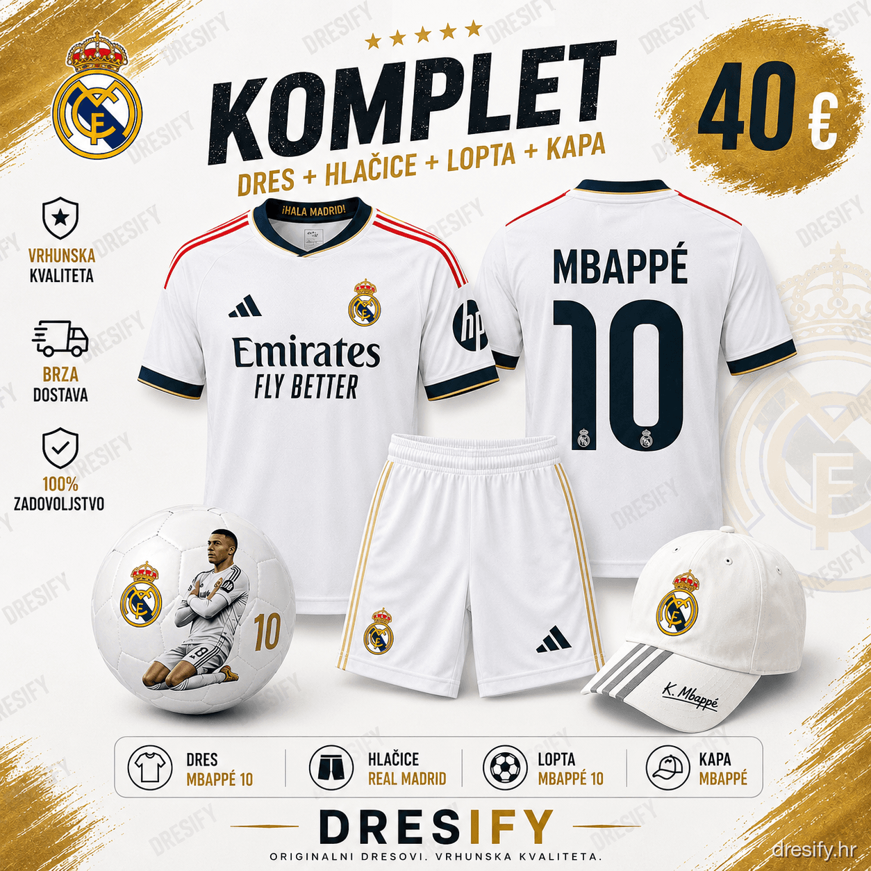 Real Madrid Mbappé nr10 — komplet (dres + hlačice + lopta + kapa) Real Madrid Mbappé komplet — dres, hlačice, lopta i kapa