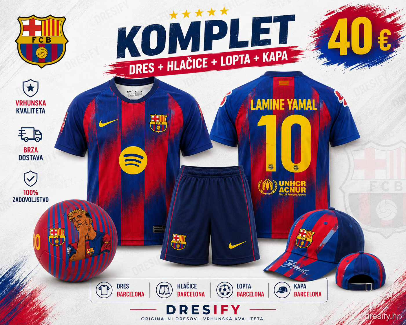FC Barcelona Yamal nr10 — komplet (dres + hlačice + lopta + kapa) Barcelona Yamal komplet — dres, hlačice, lopta i kapa